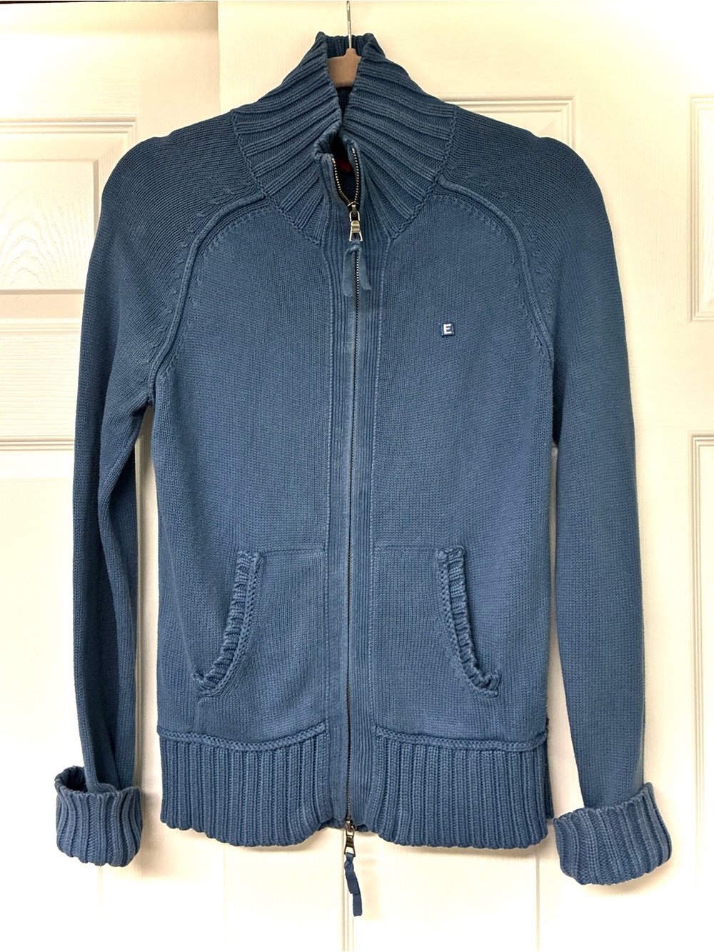 Esprit Chunky 100% cotton 2 Way zip-up shawl collar cardigan, Blue, Medium